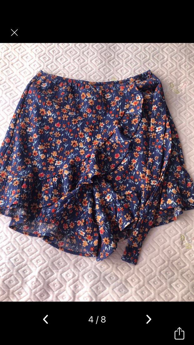 Mavi Çiçekli Fırfırlı Mini Etek - Görsel 4