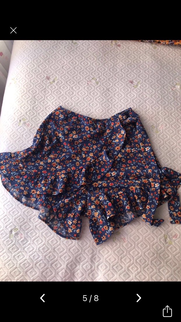 Mavi Çiçekli Fırfırlı Mini Etek - Görsel 5