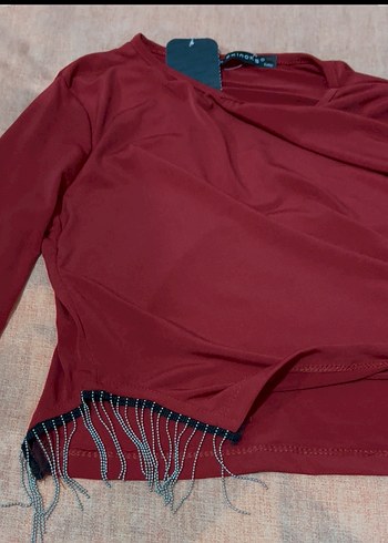 m Beden Bordo Uzun Kollu Kısa Kesim Kadın Bluz