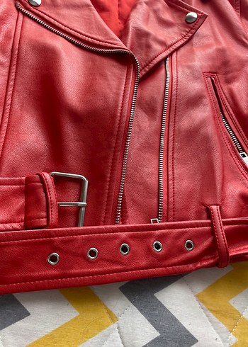 Bershka Kırmızı Deri BERSHKA Fermuarlı Kadın Ceket