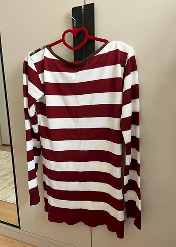 Bordo Beyaz Çizgili Triko Kadın Sweatshirt - Görsel 2