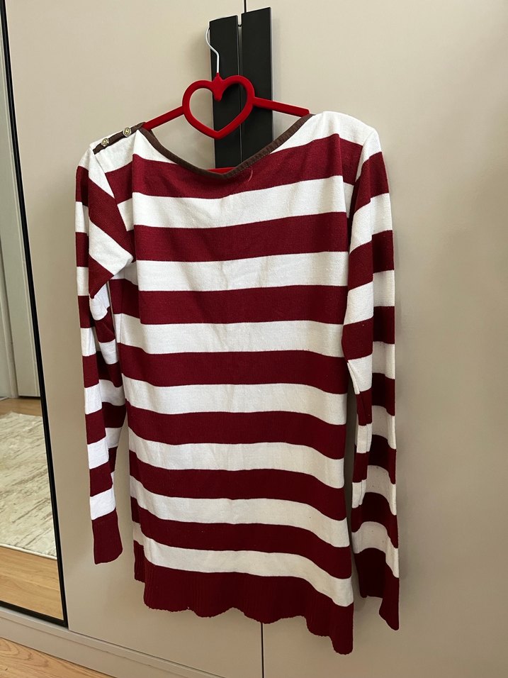 Bordo Beyaz Çizgili Triko Kadın Sweatshirt - Görsel 2