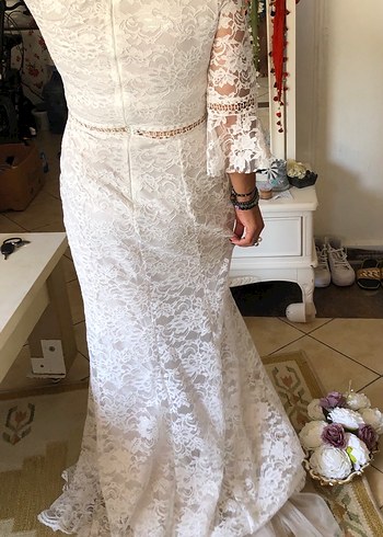 Uzun Kollu Beyaz Bohem Prenses Gelinlik - Görsel 5