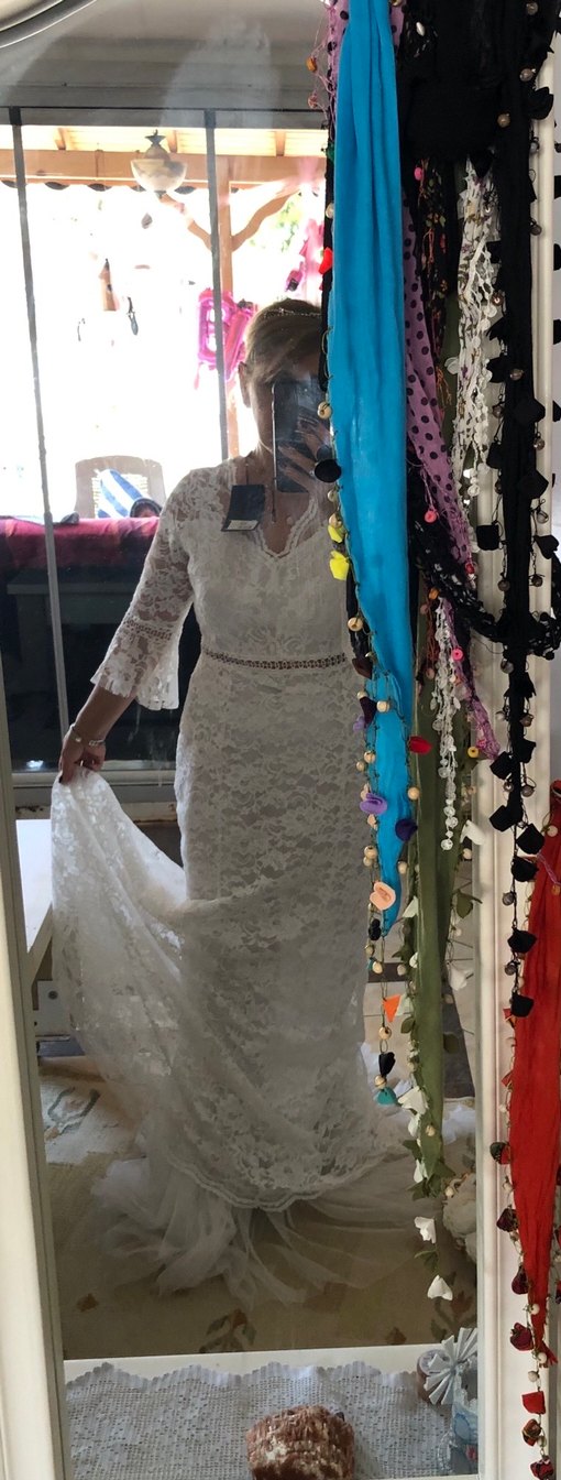 Uzun Kollu Beyaz Bohem Prenses Gelinlik - Görsel 2