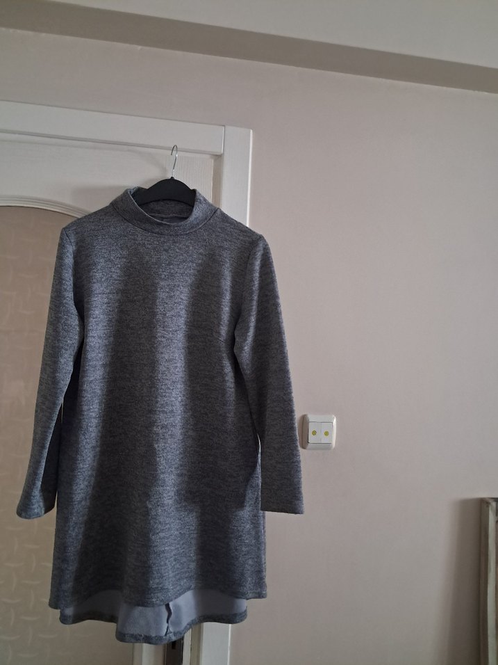 Kadın Gri Yüksek Yakalı Triko Elbise - Görsel 2