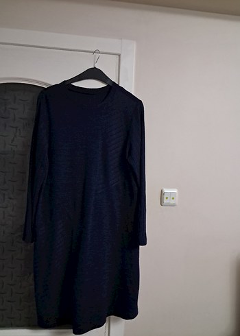 Lacivert Midi Uzun Kollu Keten Elbise - Görsel 4