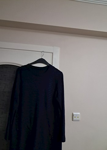 Lacivert Midi Uzun Kollu Keten Elbise - Görsel 2