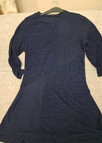 Lacivert Midi Uzun Kollu Keten Elbise - Görsel 11