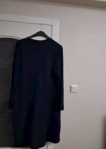 Lacivert Midi Uzun Kollu Keten Elbise - Görsel 3