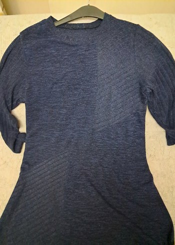 Lacivert Midi Uzun Kollu Keten Elbise - Görsel 10