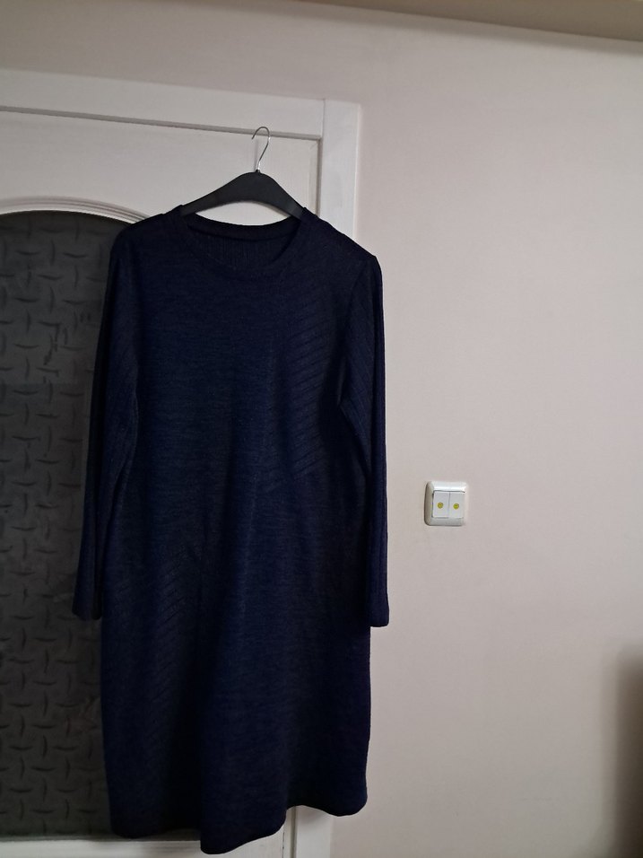 Lacivert Midi Uzun Kollu Keten Elbise - Görsel 4