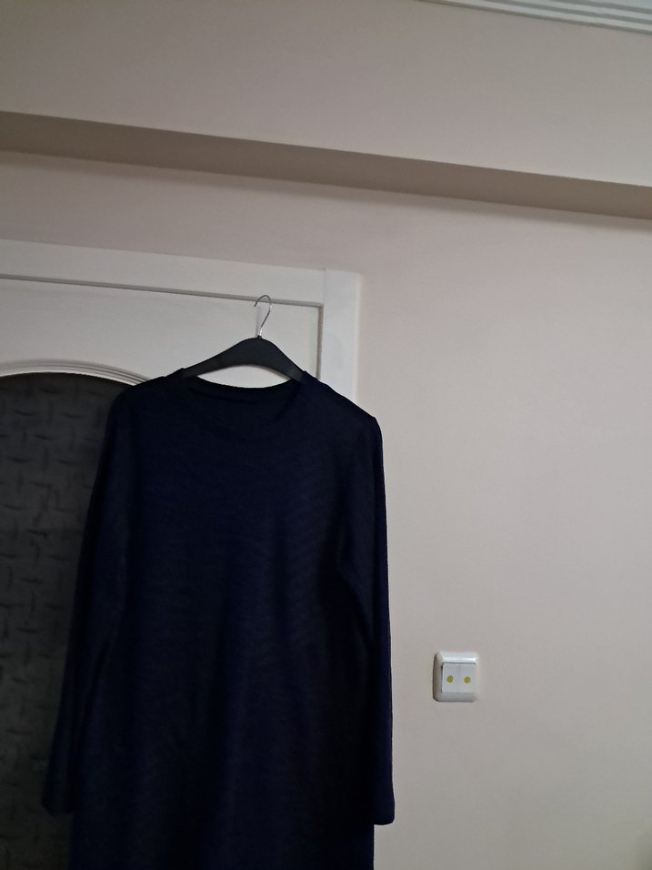 Lacivert Midi Uzun Kollu Keten Elbise - Görsel 2