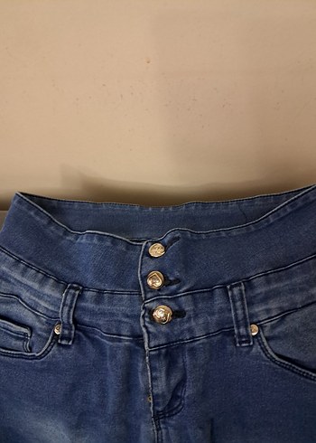 Düğmeli Kadın Mavi Kot Pantolon - Görsel 3