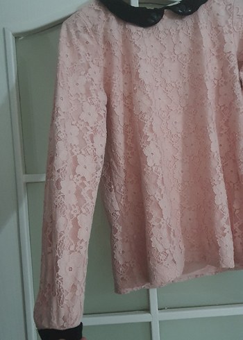 m Beden Dantel Detaylı Pembe Uzun Kollu Gömlek Bluz