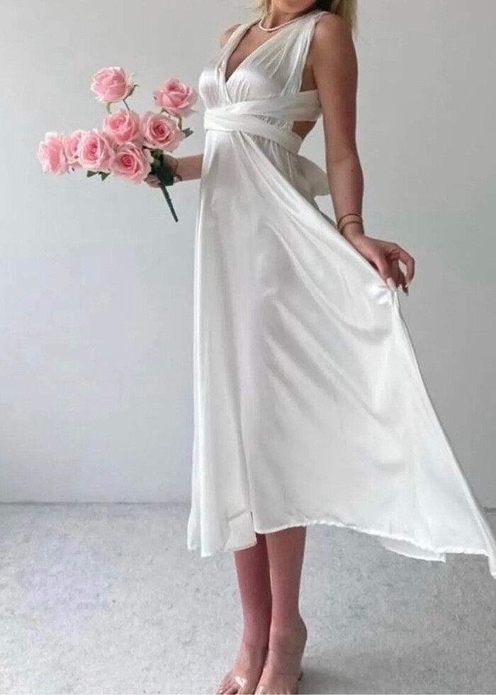 SATEN BEYAZ BOYUNDAN BAĞLAMALI ELBİSE - Görsel 3