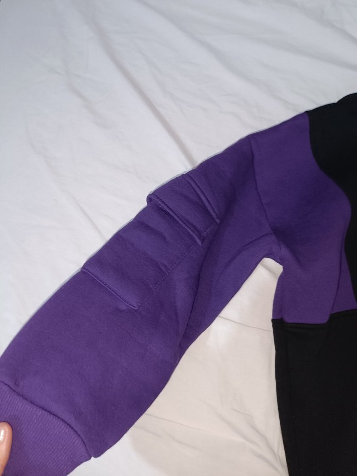 Mor ve Siyah Kapüşonlu Kadın Sweatshirt - Görsel 3