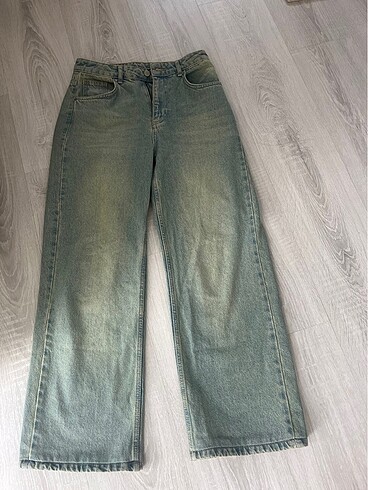 kadın mavi soluk efekt wide leg jean