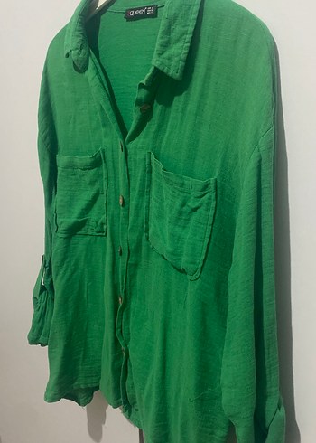 Düğmeli Yeşil Keten Kadın Gömlek - Görsel 4