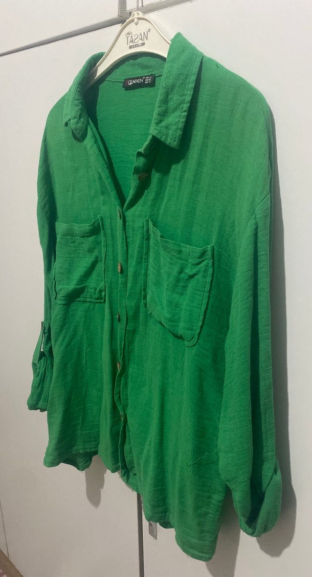 Düğmeli Yeşil Keten Kadın Gömlek - Görsel 4