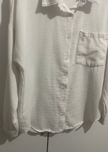Düğmeli Beyaz Keten Kadın Gömlek - Görsel 2