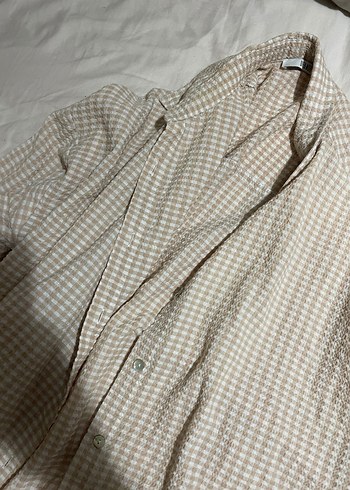 Düğmeli Bej Keten Kadın Gömlek - Görsel 2