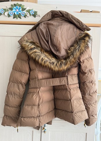 Bej Kadın Kemerli Midi Kışlık Mont - Görsel 4