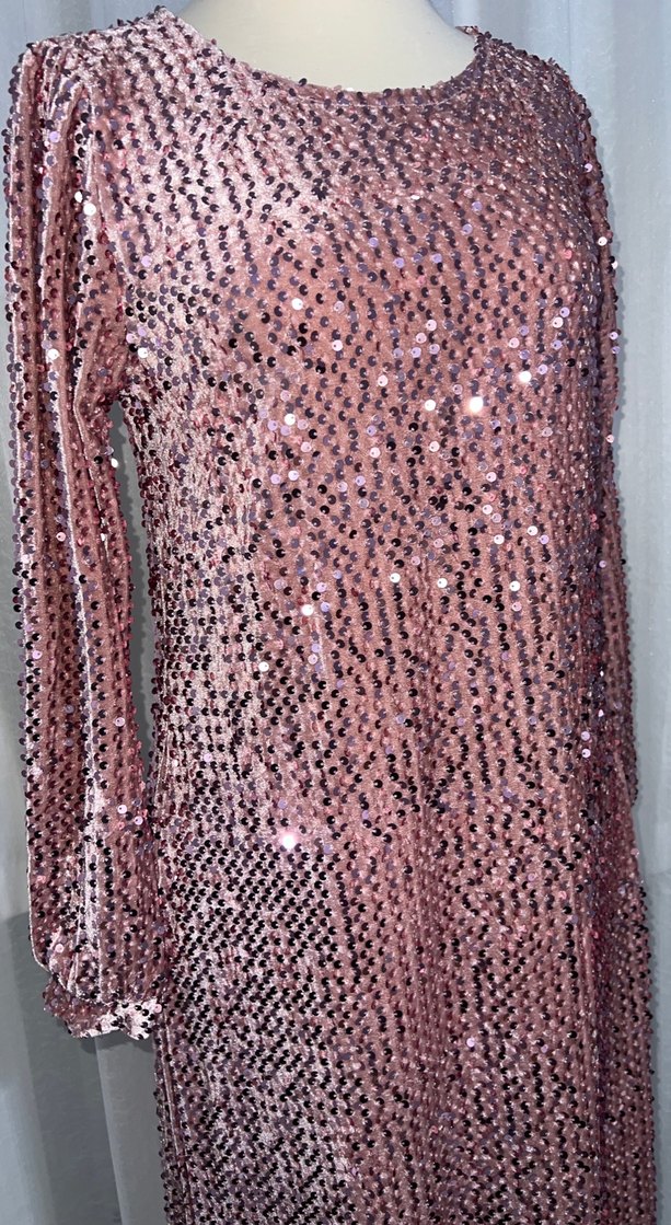 Pembe Parlak Payetli Uzun Kollu Abiye Elbise - Görsel 2