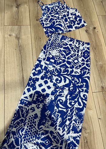 Mavi Bağlamalı Desenli Uzun Bohem Elbise - Görsel 3