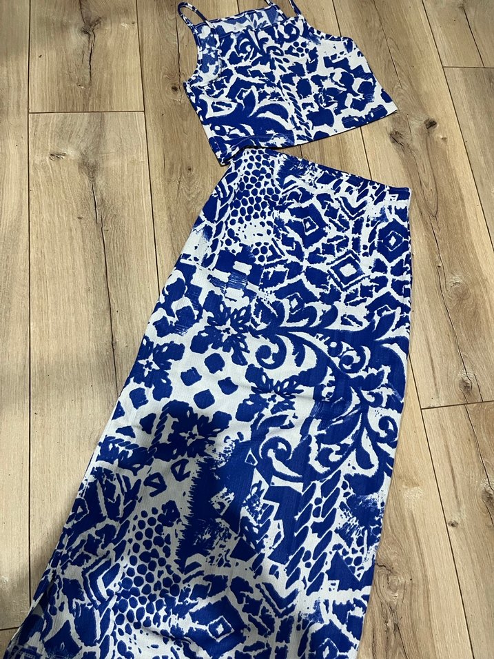 Mavi Bağlamalı Desenli Uzun Bohem Elbise - Görsel 3