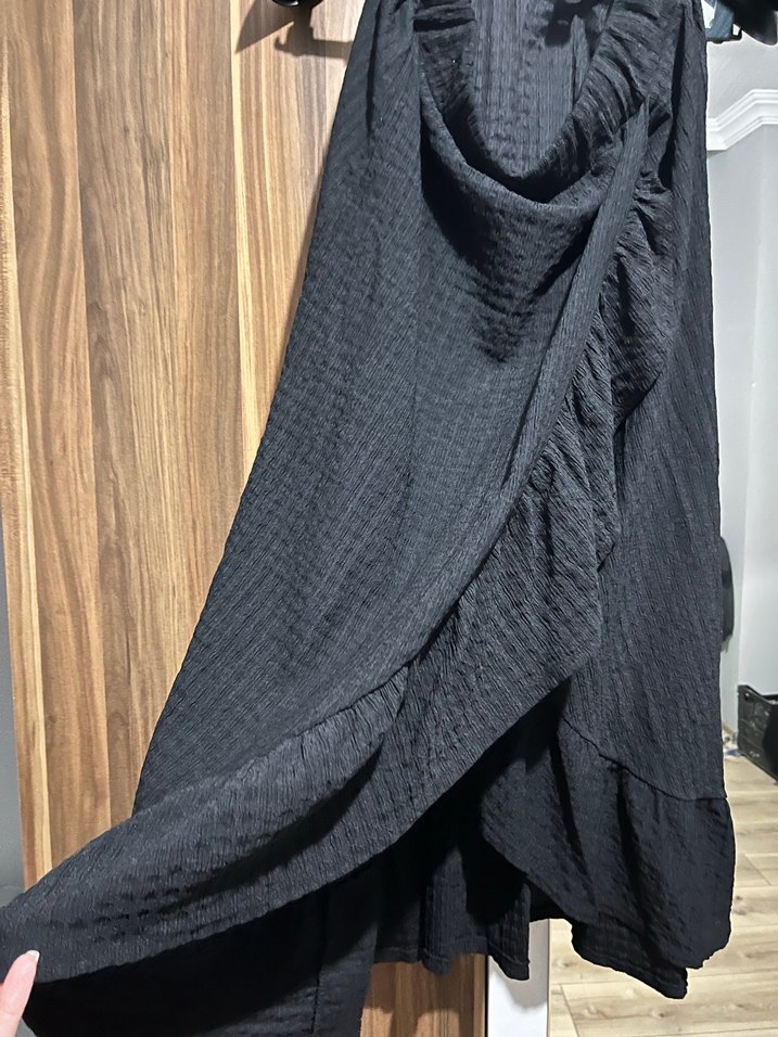 Kadın Siyah Uzun Keten Etek Volanlı - Görsel 2