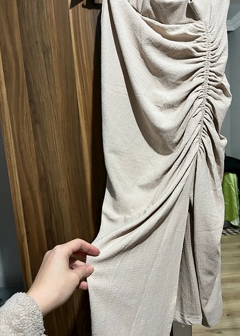 Bej Keten Drapeli Kadın Uzun Etek - Görsel 3