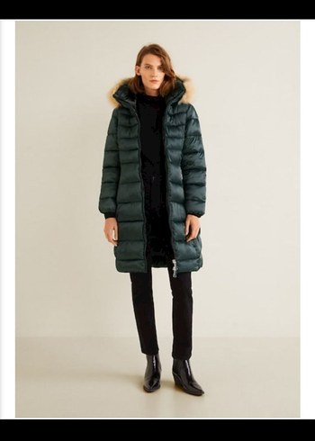 MANGO Kürklü Kapüşonlu Kapitoneli Uzun Şişme Anorak Mont - Görsel 2