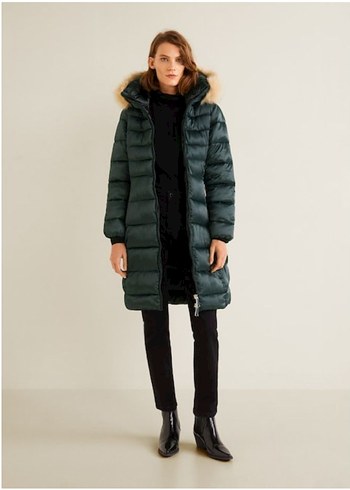 MANGO Kürklü Kapüşonlu Uzun Şişme Mont - Görsel 2