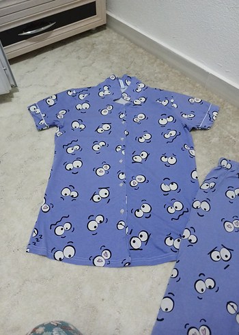 Diğer L beden Renkli Baskılı Mavi Kısa Kollu Kadın Pijama Takımı