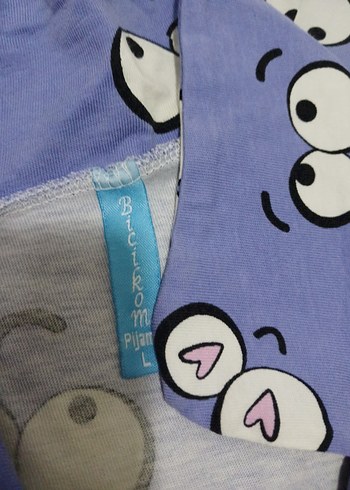 l Beden L beden Renkli Baskılı Mavi Kısa Kollu Kadın Pijama Takımı