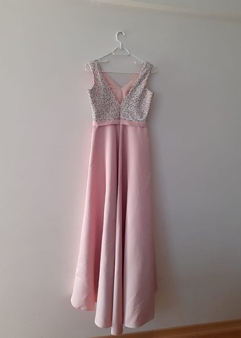 Abiye Pembe V Yakalı Uzun Abiye Elbise