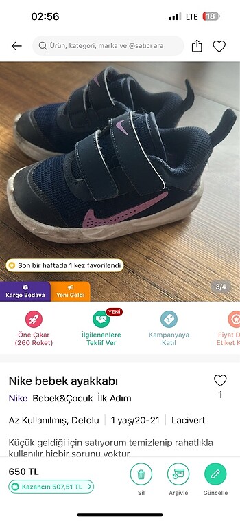 21 Beden Nike bebek ayakkabı