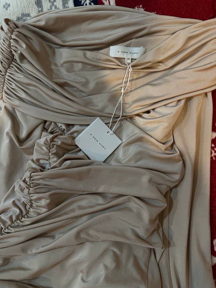 Awave a Wave Studio Bej Drapeli Mini Elbise - Görsel 3