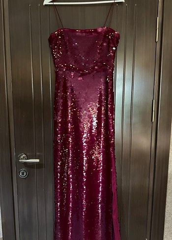 Urban Muse Bordo Payetli Uzun Abiye Elbise - Görsel 5