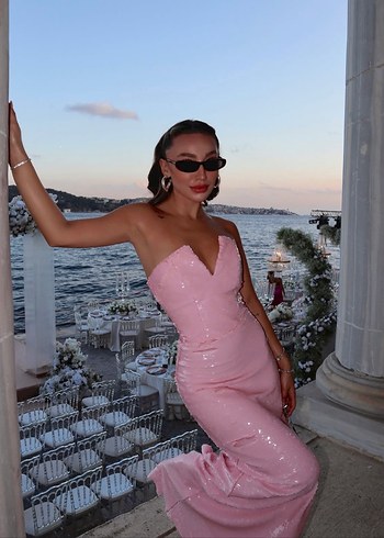 Urban Muse Straplez Uzun Pembe Abiye Elbise - Görsel 3