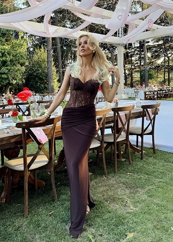 Glambils Kahverengi Drapeli Uzun Elbise - Görsel 3