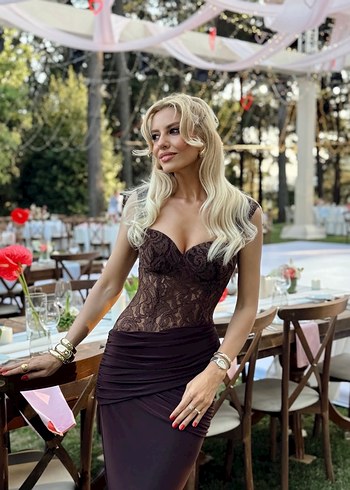 Glambils Kahverengi Drapeli Uzun Elbise - Görsel 4