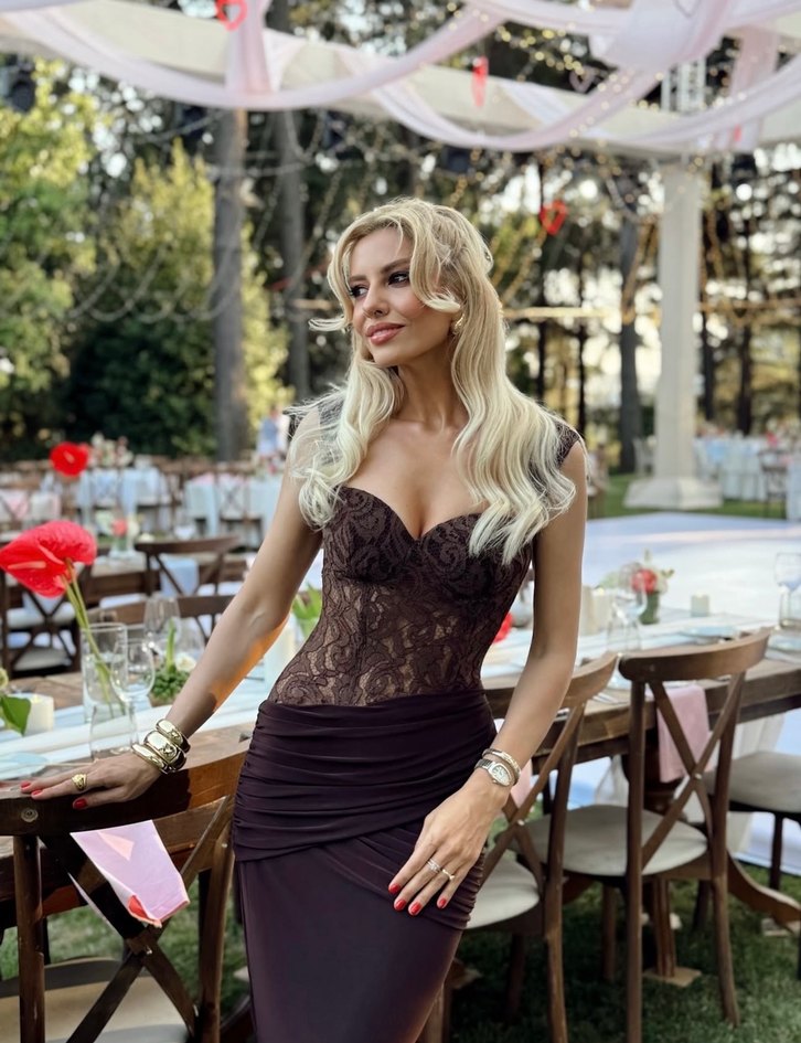 Glambils Kahverengi Drapeli Uzun Elbise - Görsel 4