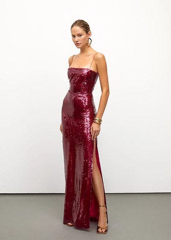 Urban muse Bordo Payetli Uzun Abiye Elbise