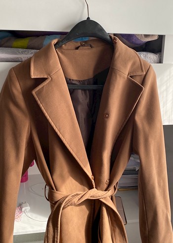 Kahverengi Süet Kuşaklı Uzun Kadın Kaban - Görsel 2