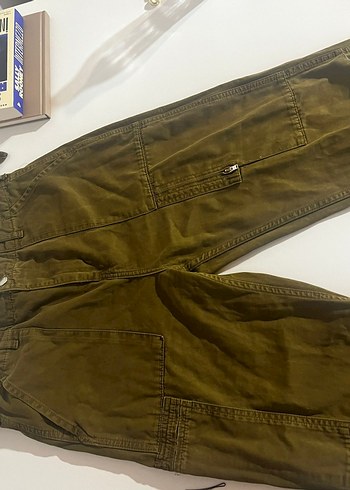 Kadın Haki Keten Rahat Kesim Fermuarlı Pantolon - Görsel 6