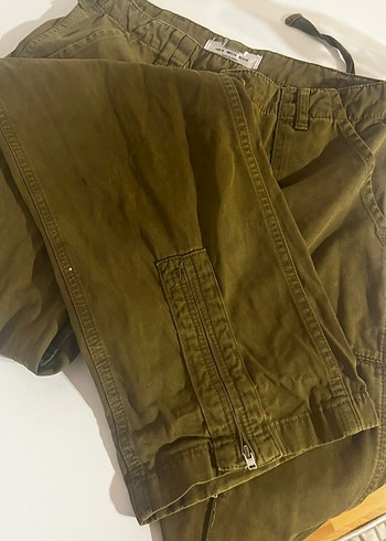 Kadın Haki Keten Rahat Kesim Fermuarlı Pantolon - Görsel 4