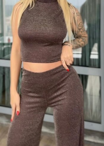 Kadın Kahverengi Simli Pantolon Crop Rahat Takım - Görsel 3