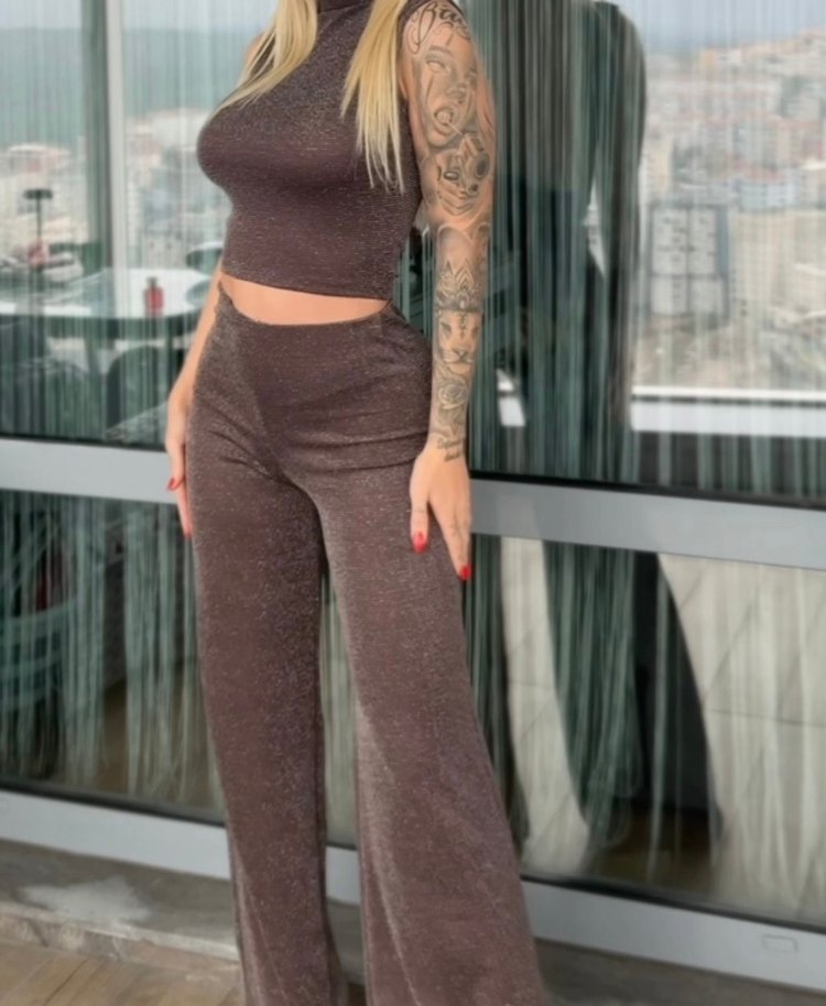 Kadın Kahverengi Simli Pantolon Crop Rahat Takım - Görsel 2