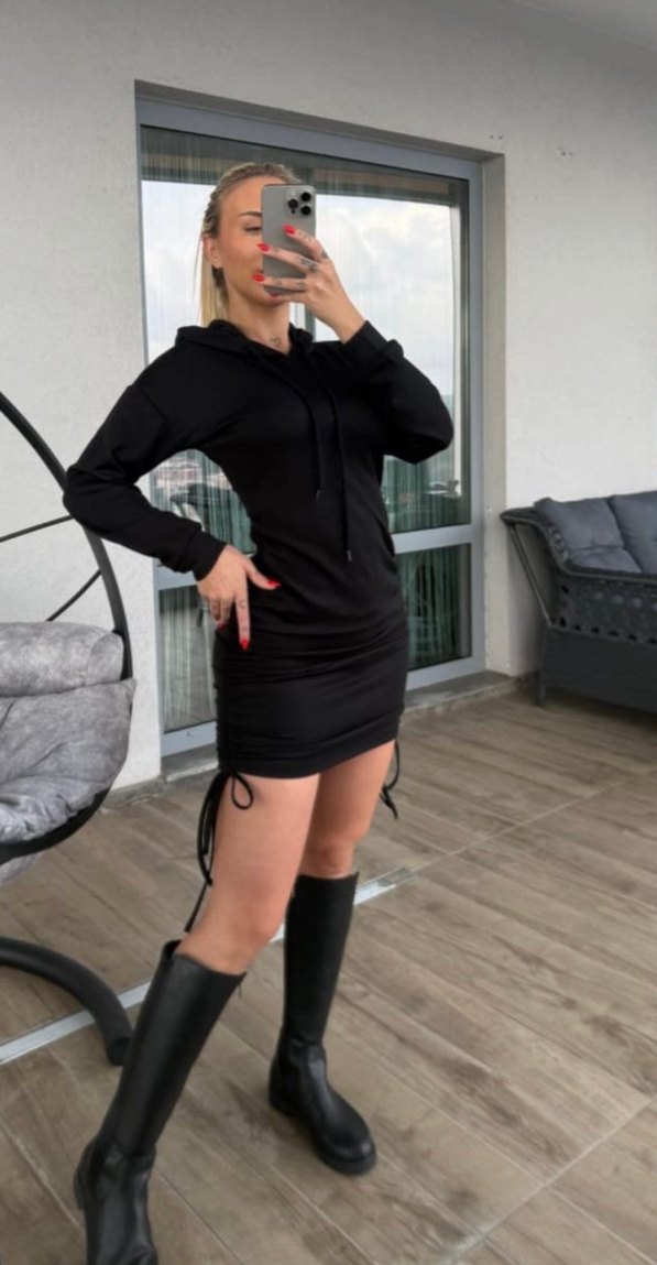 Siyah Mini/Midi Uzun Kollu Elbise - Görsel 2